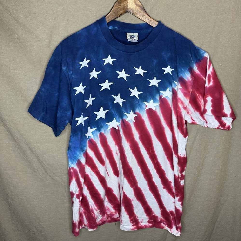 Vintage Liquid Blue American Flag Tie Dye USA All Over Print Men's Shirt L